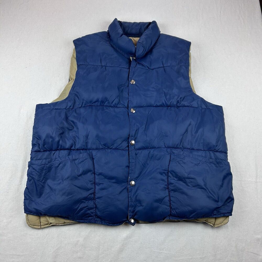 Vintage Red Head Reversible Puffer Vest Mens L Blue Tan Pockets Snap Closure